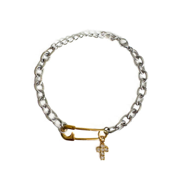 Roxy Bracelet Silver Chain with Gold Safety Pin and Crystal Cross Charm