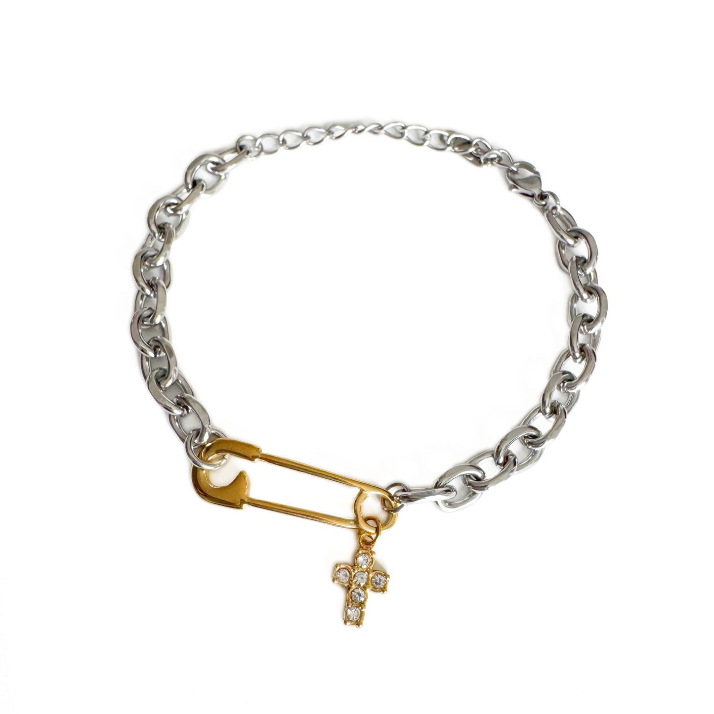 Roxy Bracelet Silver Chain with Gold Safety Pin and Crystal Cross Charm