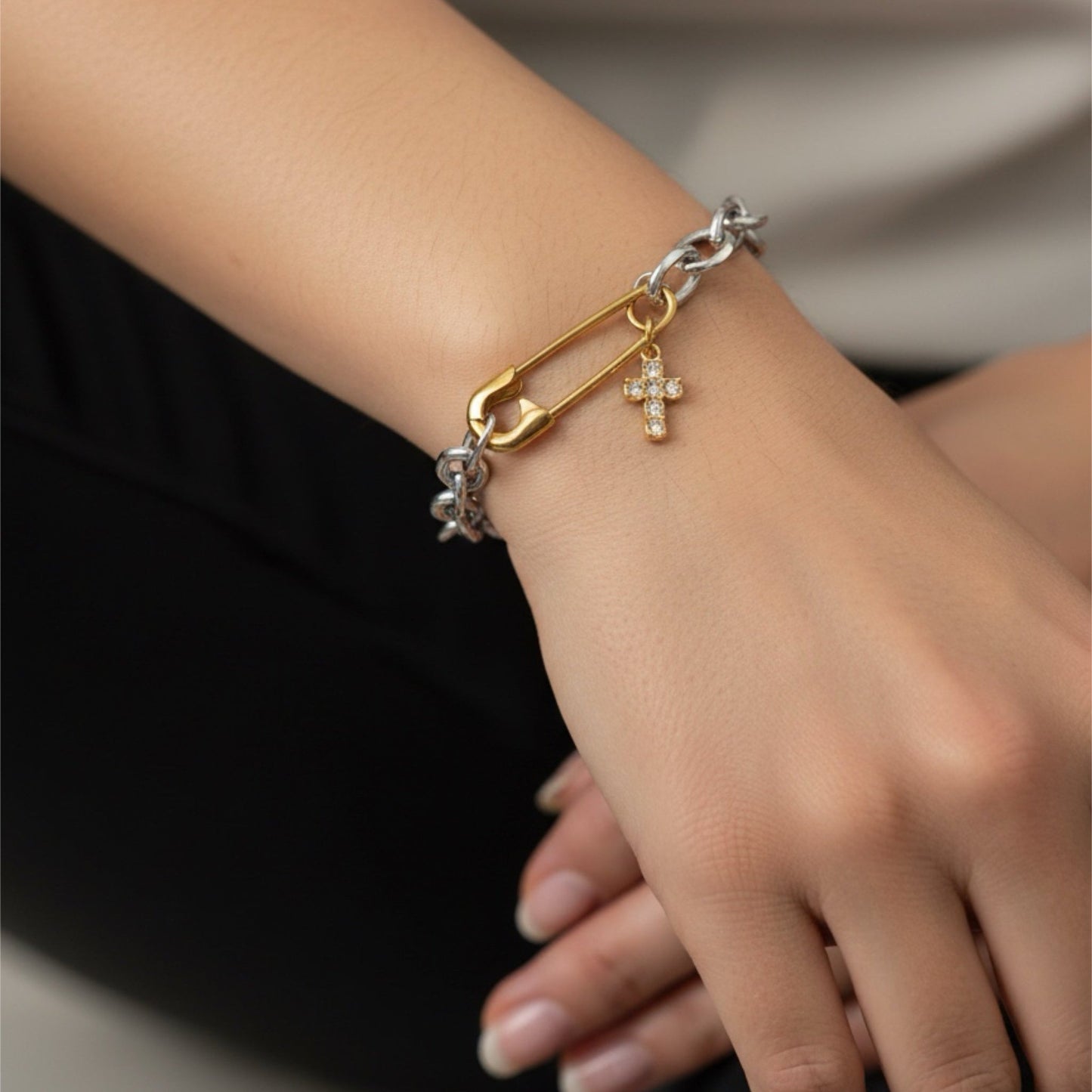 Roxy Bracelet Silver Chain with Gold Safety Pin and Crystal Cross Charm