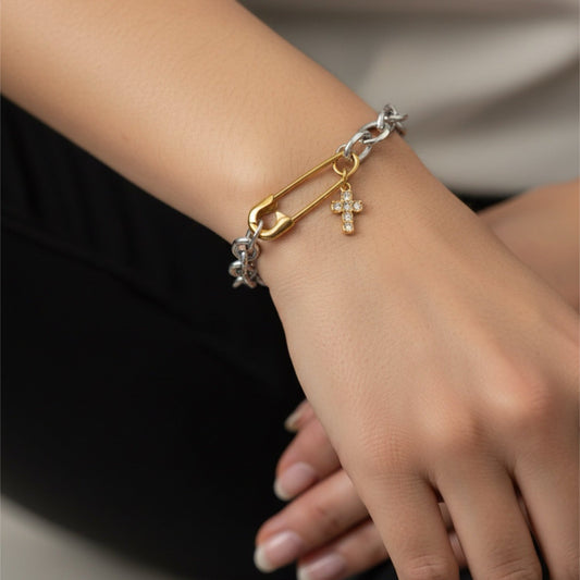 Roxy Bracelet Silver Chain with Gold Safety Pin and Crystal Cross Charm