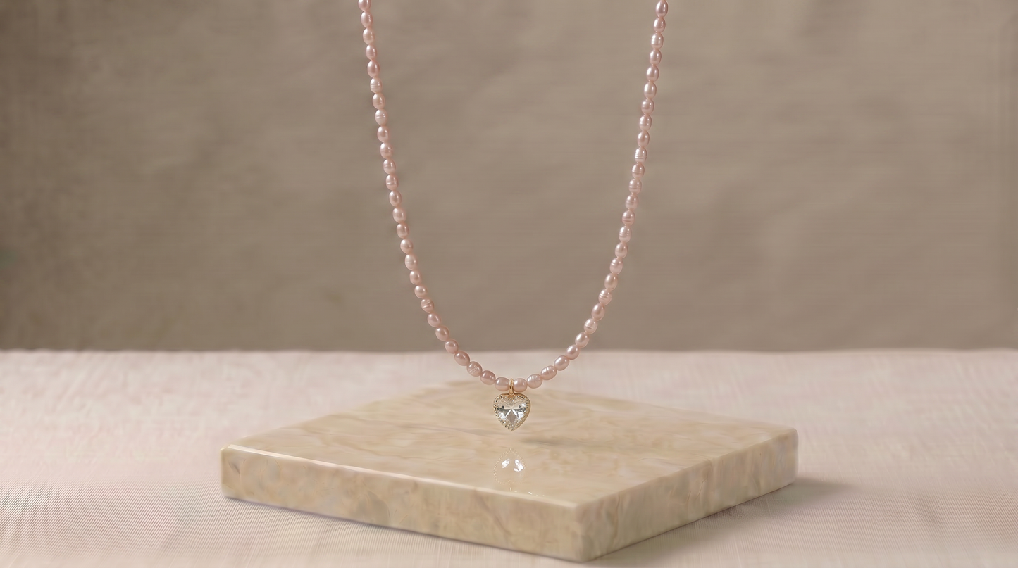 Dainty Pink Pearl & Heart Necklace
